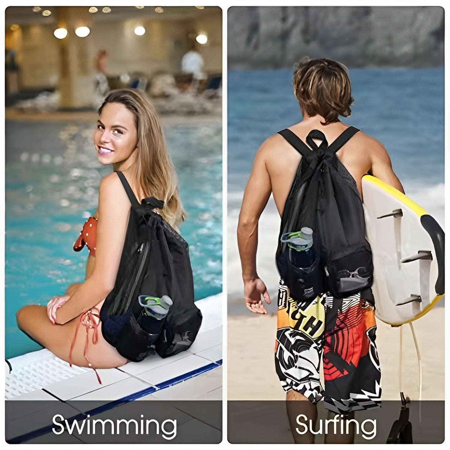 Mesh Swim Bag Drawstring Backpack w/ Wet Pocket