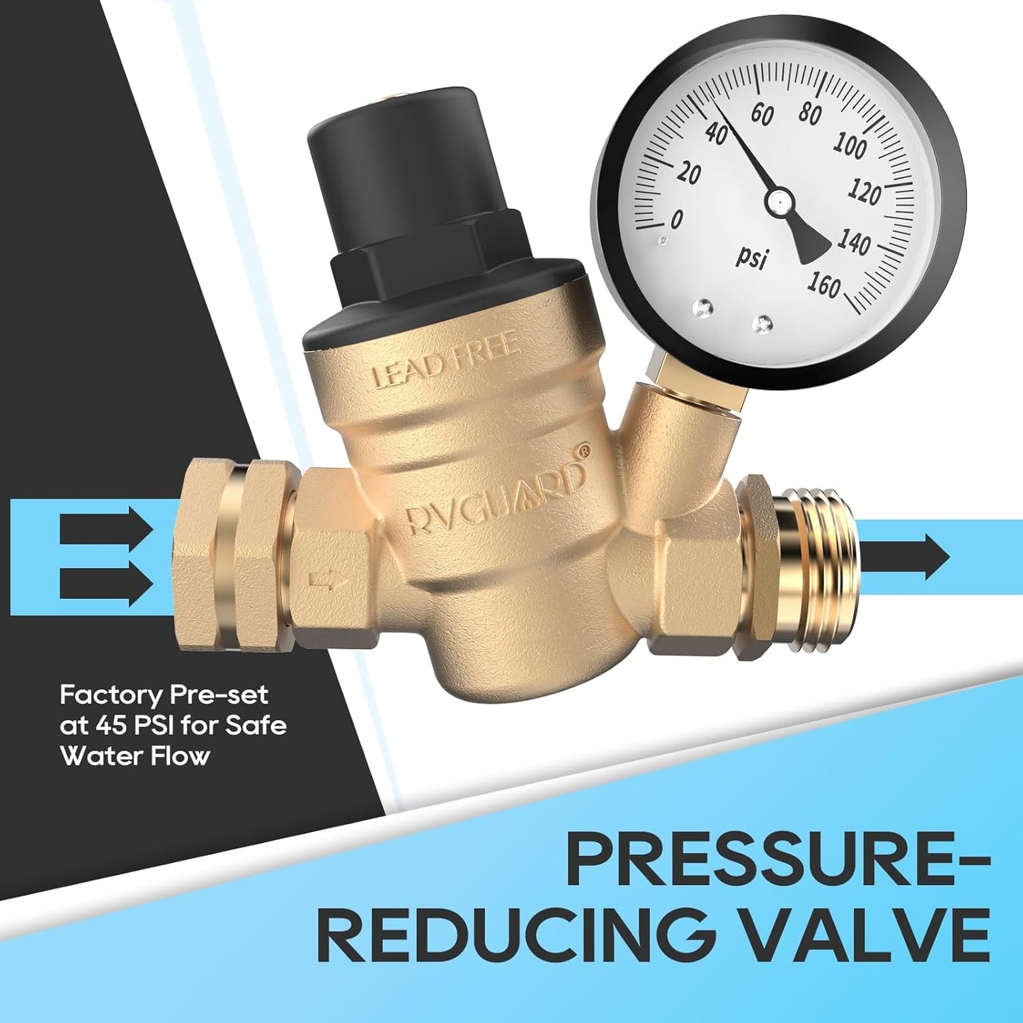RVGUARD RV Water Pressure Regulator Brass Lead-Free with Gauge and Filter