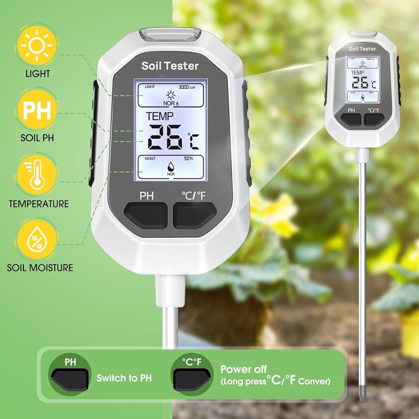4-in-1 Digital Soil Moisture Meter – PH, Temperature, Sunlight & Moisture Tester with Backlight LCD for Gardening & Farming