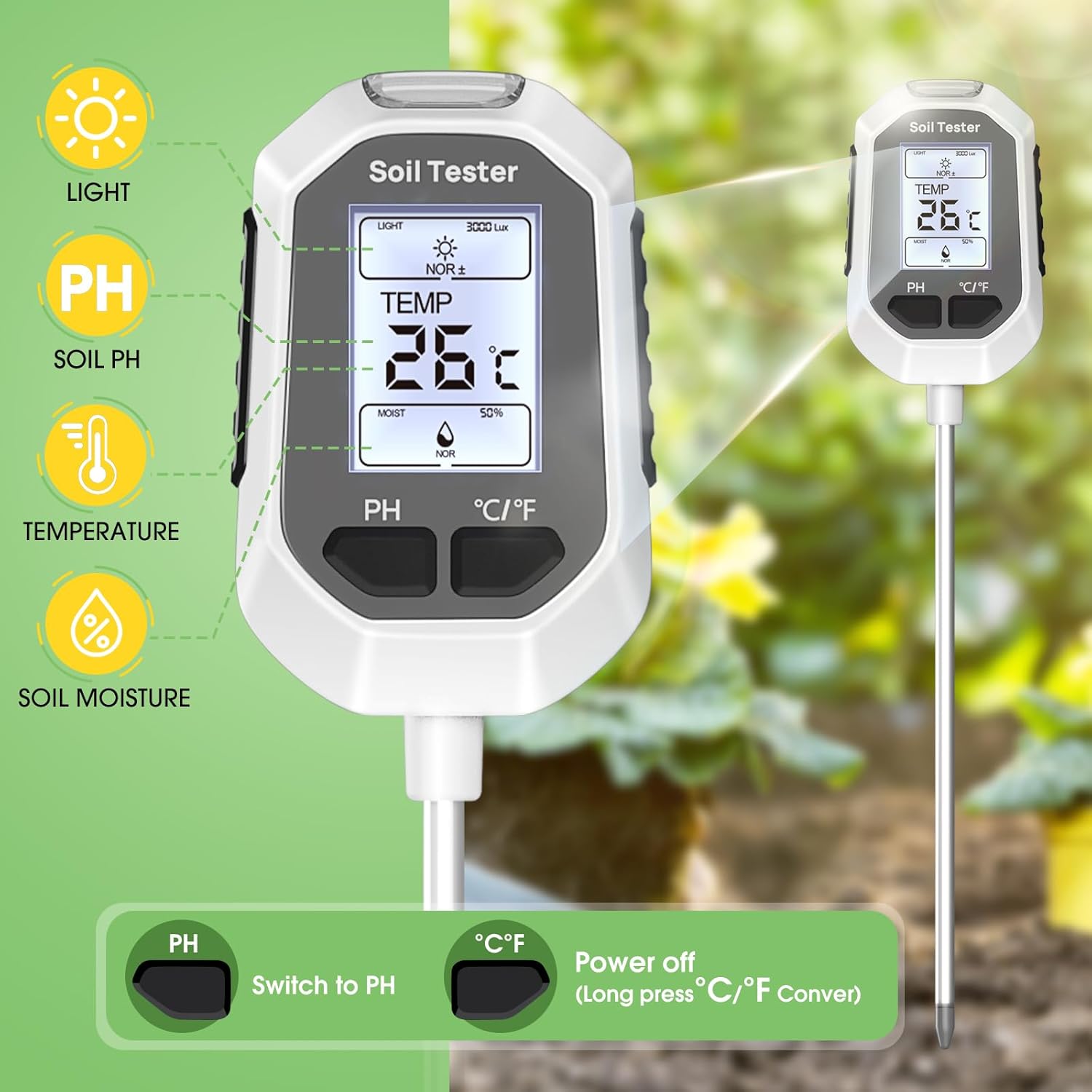 4-in-1 Digital Soil Moisture Meter – PH, Temperature, Sunlight & Moisture Tester with Backlight LCD for Gardening & Farming
