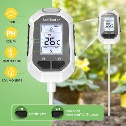 4-in-1 Digital Soil Moisture Meter – PH, Temperature, Sunlight & Moisture Tester with Backlight LCD for Gardening & Farming