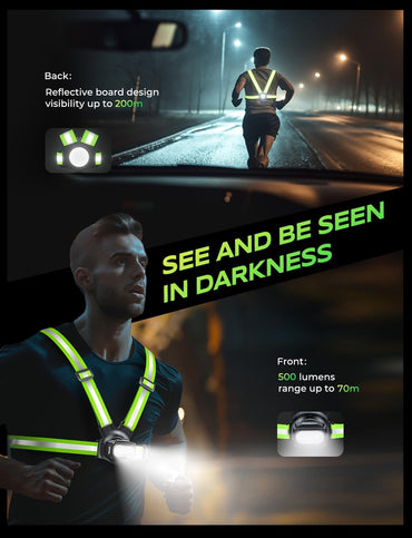 500LM High-Visibility Running Light Vest Adjustable Beam Waterproof for Night Exercise