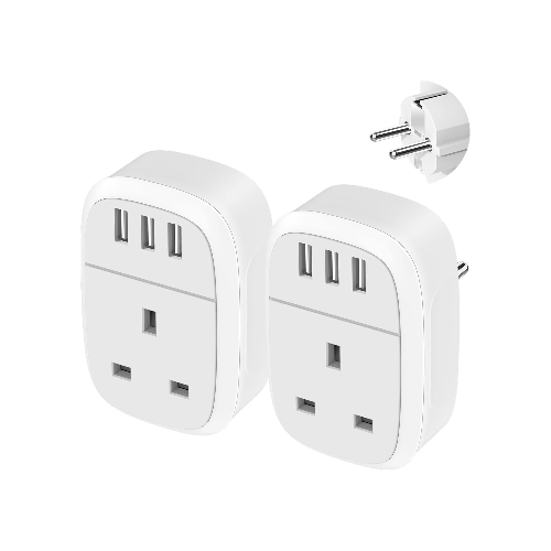 UK to European Adapter Plug 2-Pack – EU Schuko with 3 USB Ports