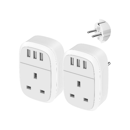 UK to European Adapter Plug 2-Pack – EU Schuko with 3 USB Ports