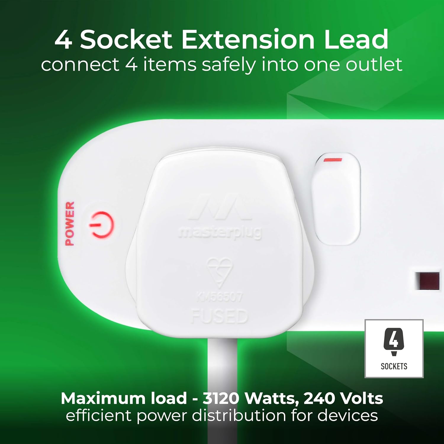 Masterplug 4-Socket Extension Lead – 2m, White (SWC4210N)