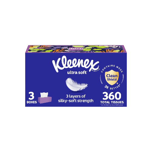 Kleenex Ultra Soft Facial Tissues – 3 Flat Boxes (360 Tissues)