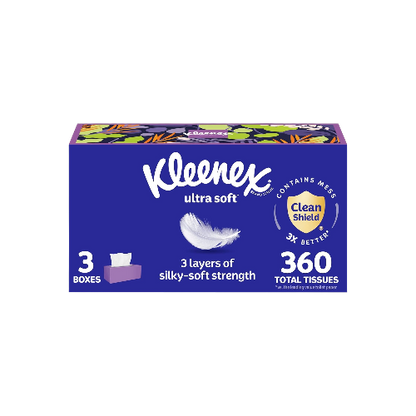 Kleenex Ultra Soft Facial Tissues – 3 Flat Boxes (360 Tissues)