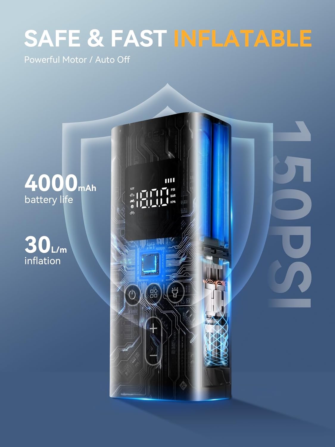 AIRSURE Portable Tire Inflator 150 PSI Cordless Air Compressor with LED