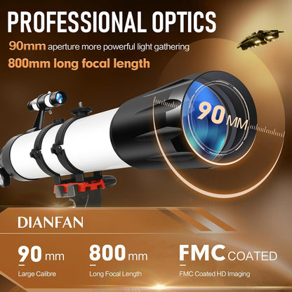Dianfan 90mm Refractor Telescope – 800mm Professional Astronomy Telescope for Adults & Beginners with Tripod, Phone Adapter & Carry Bag