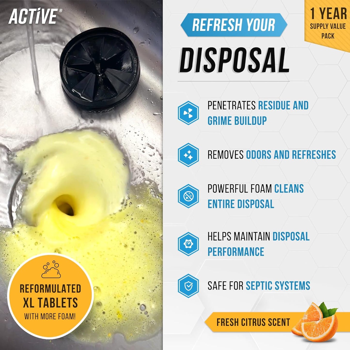 Garbage Disposal Cleaner & Deodorizer Tablets – 24-Pack XL Foaming Citrus Freshener, Natural Kitchen Drain Care, 1-Year Supply