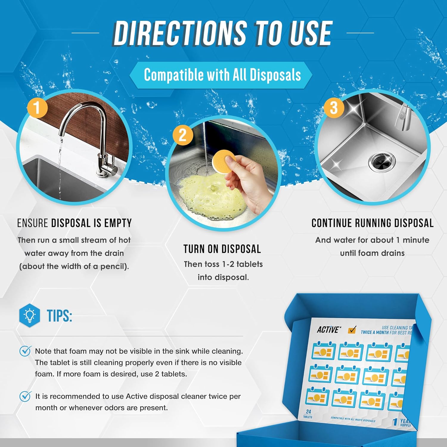 Garbage Disposal Cleaner & Deodorizer Tablets – 24-Pack XL Foaming Citrus Freshener, Natural Kitchen Drain Care, 1-Year Supply