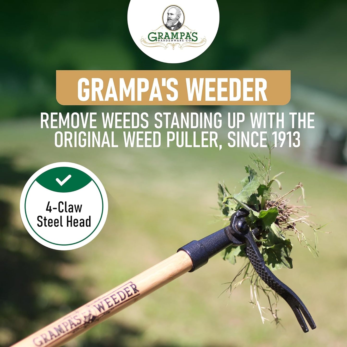 Grampa's Weeder – Original Stand-Up Weed Puller with Bamboo Handle & 4-Claw Steel Head – No Bending or Kneeling