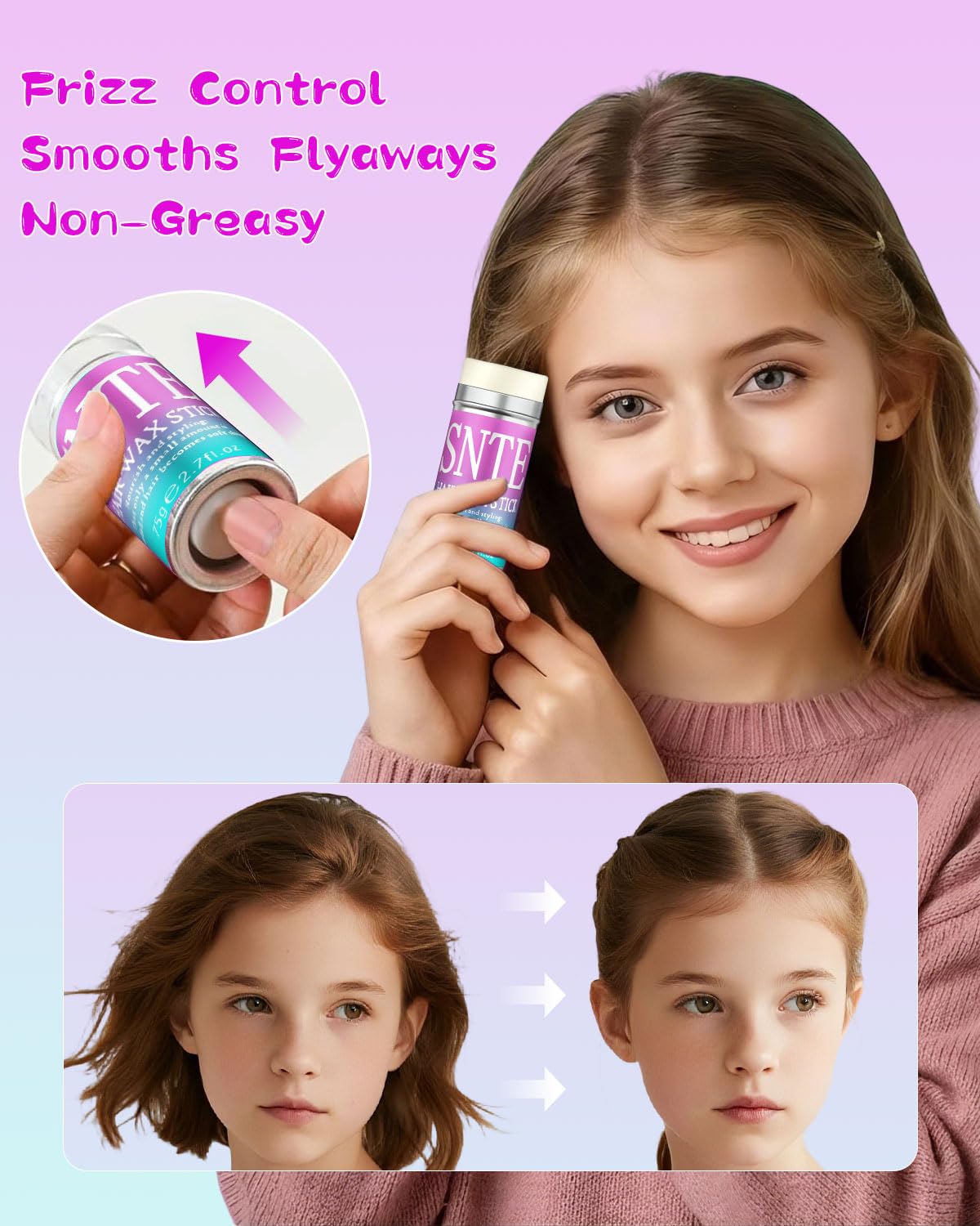 Hair Wax Stick and Slick Back Brush Set for Kids Women and Men