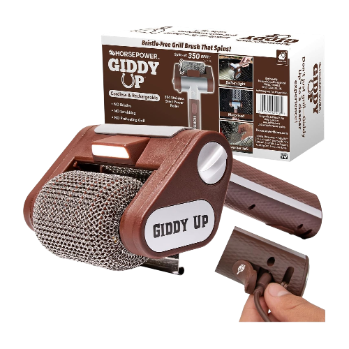HorsePower Giddy Up Grill Cleaner – Cordless Rechargeable BBQ Tool with Stainless Roller & LED Light – AS SEEN ON TV