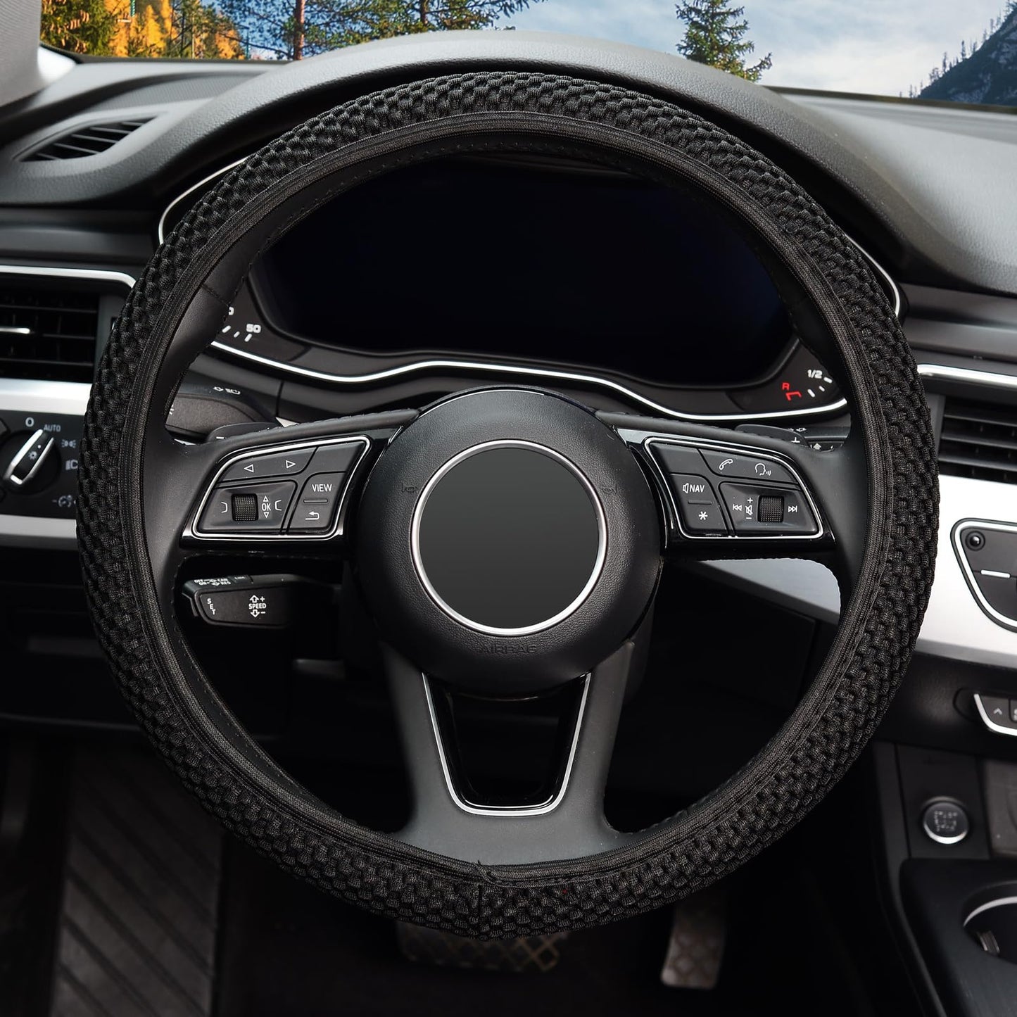 KAFEEK Stretch Steering Wheel Cover 15" Black