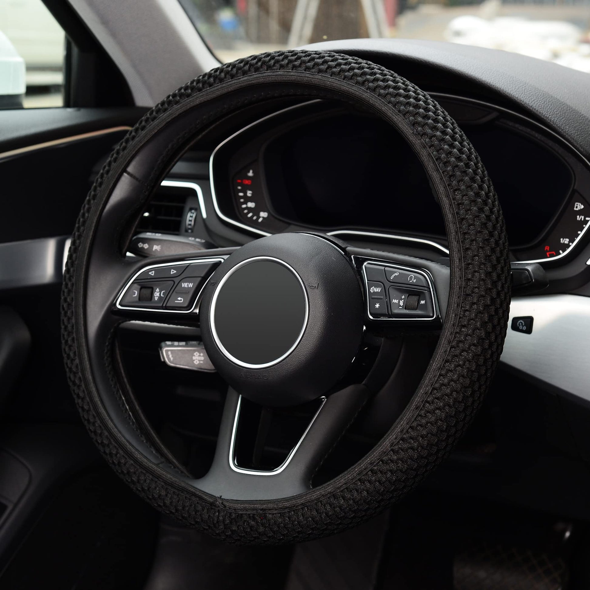 KAFEEK Stretch Steering Wheel Cover 15" Black