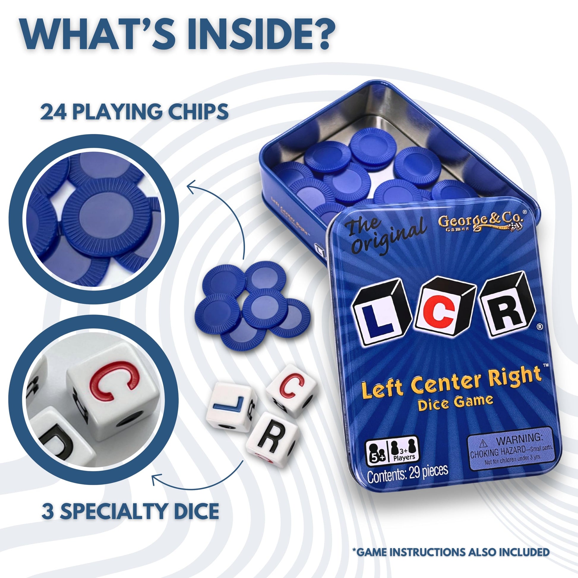 LCR Left Center Right Dice Game Blue Tin