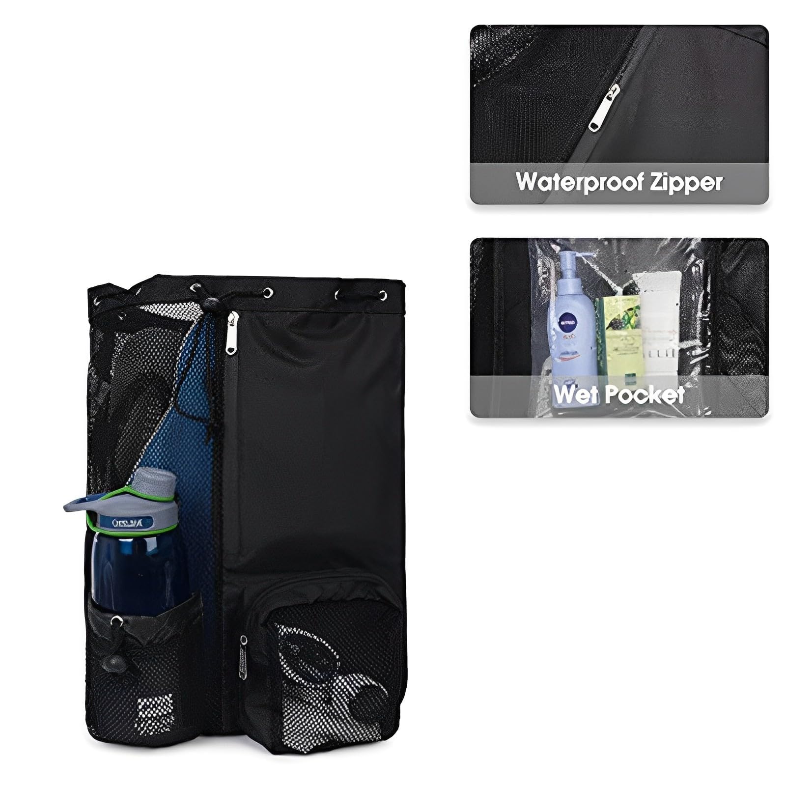 Mesh Swim Bag Drawstring Backpack w/ Wet Pocket