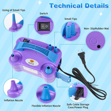NuLink Electric Balloon Pump Dual Nozzle 600W Portable Air Inflator Purple