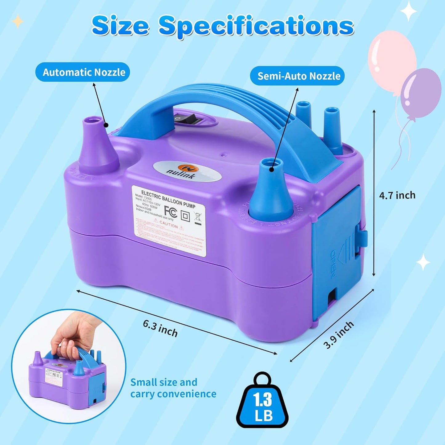 NuLink Electric Balloon Pump Dual Nozzle 600W Portable Air Inflator Purple
