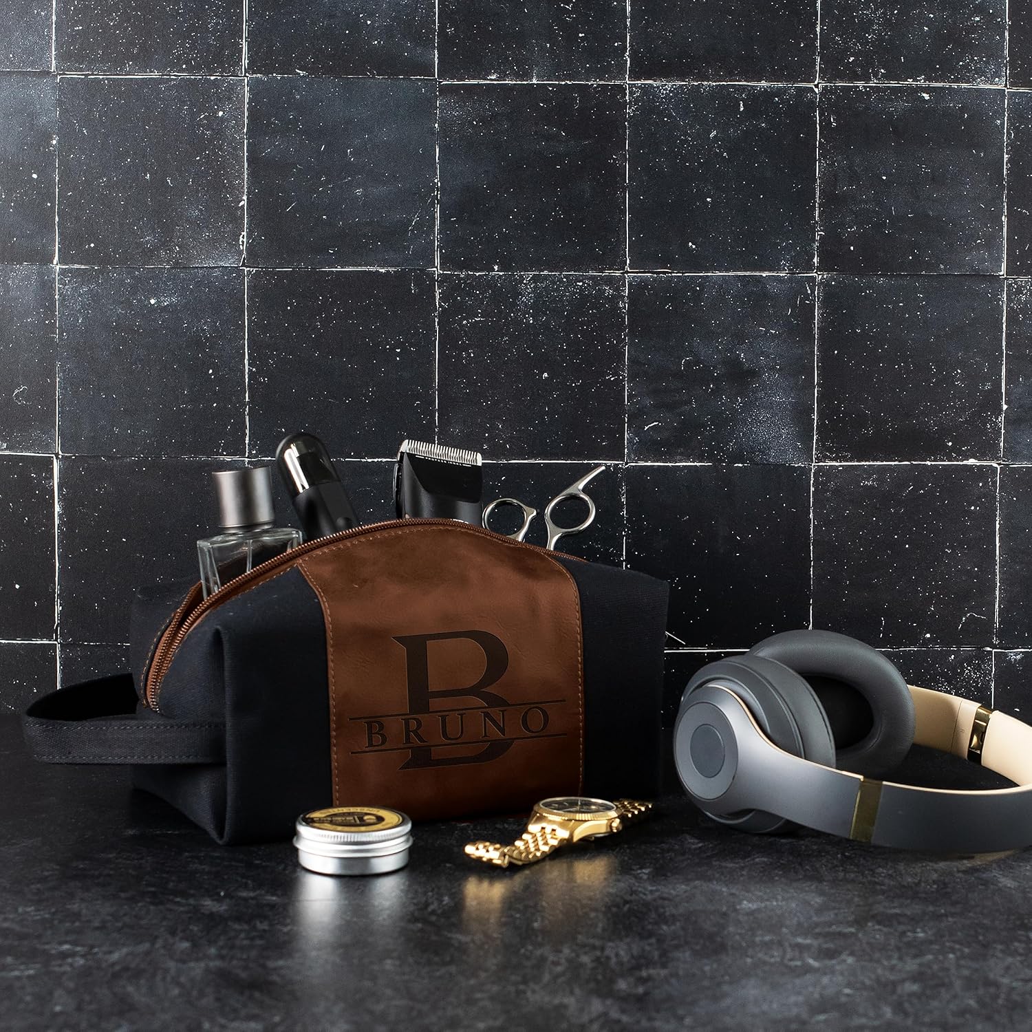 Personalized Leather Toiletry Bag for Men Laser Engraved Custom Travel Dopp Kit