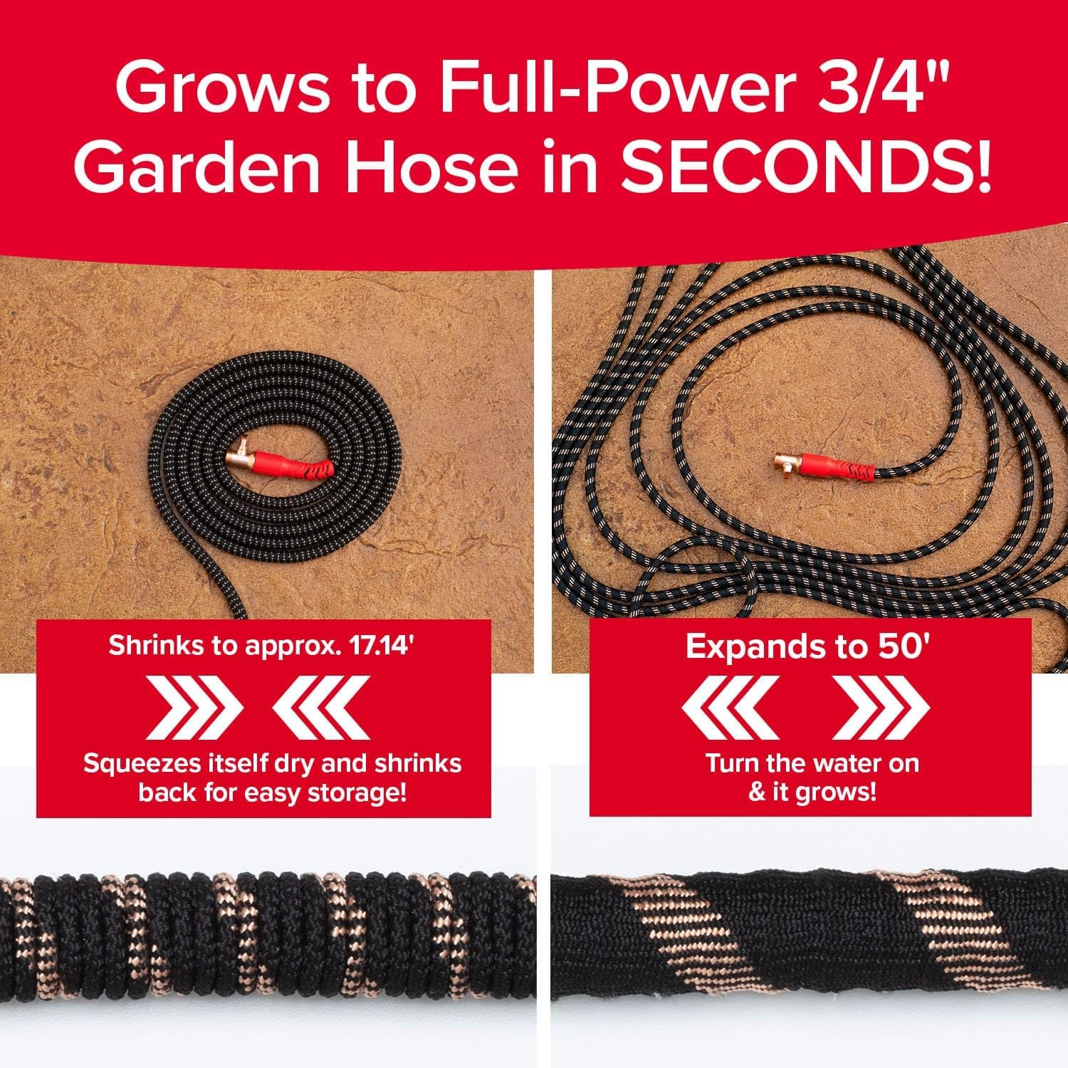 Pocket Hose 50 FT Copper Head Expandable Garden Hose – No-Tangle, No-Kink, Anti-Burst, 360° Swivel