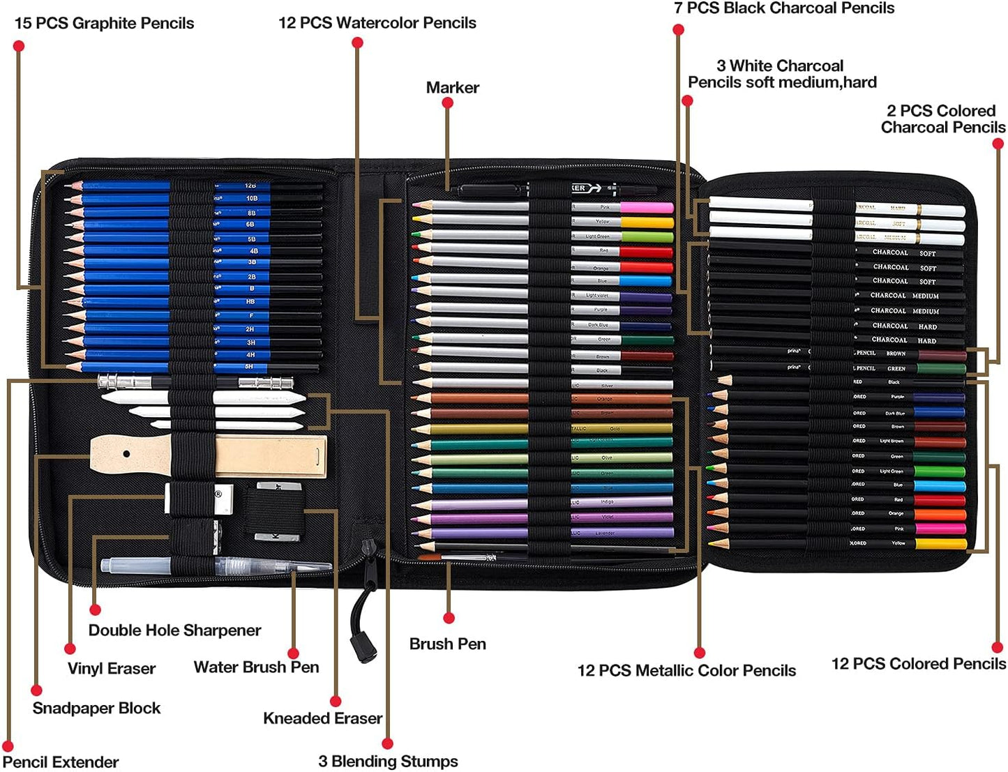 Prina 76-Pack Drawing and Sketching Set with 3-Color Sketchbook for Artists