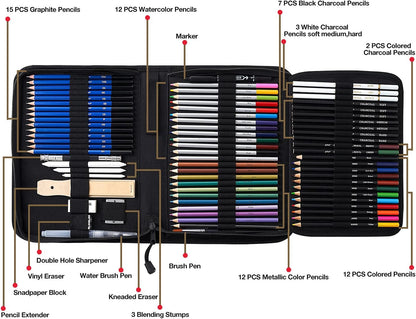 Prina 76-Pack Drawing and Sketching Set with 3-Color Sketchbook for Artists