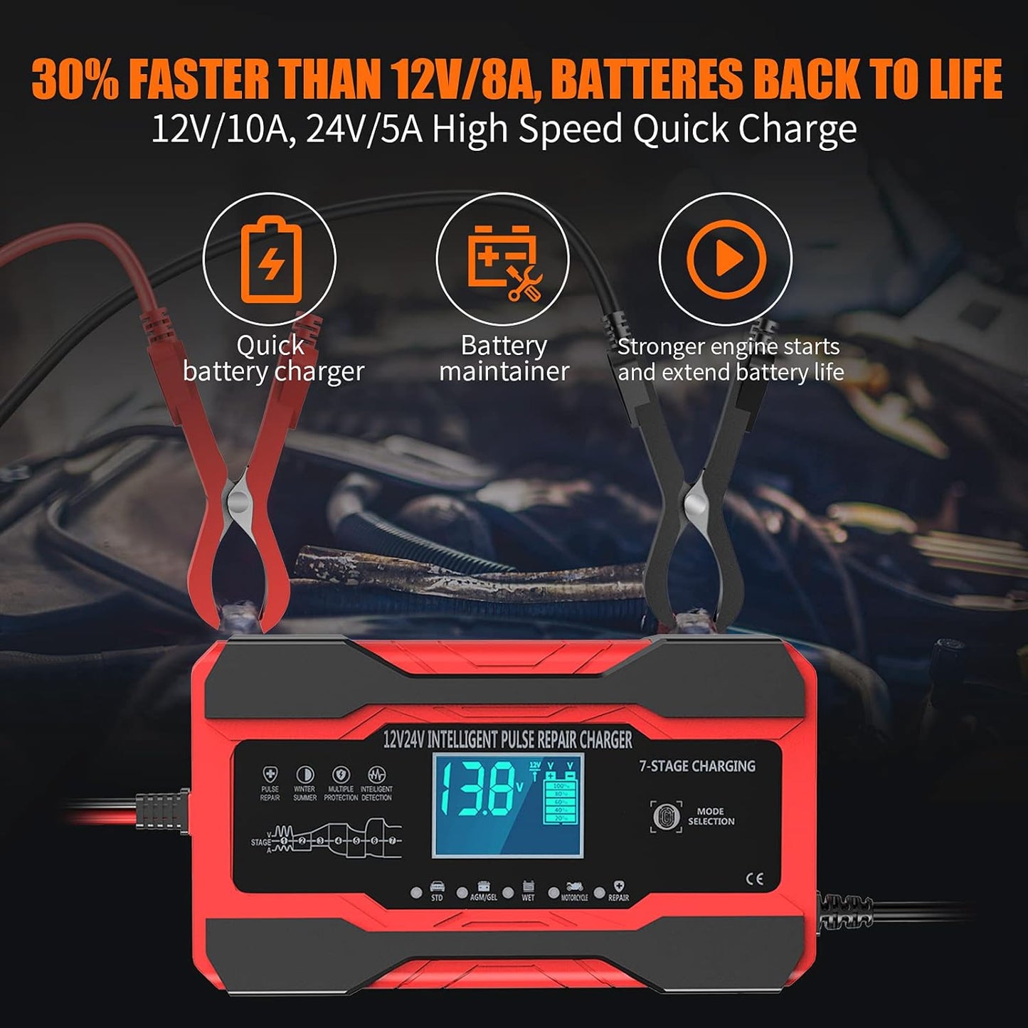 YONHAN 10A 12V 24V Smart Automatic Car Battery Charger and Maintainer