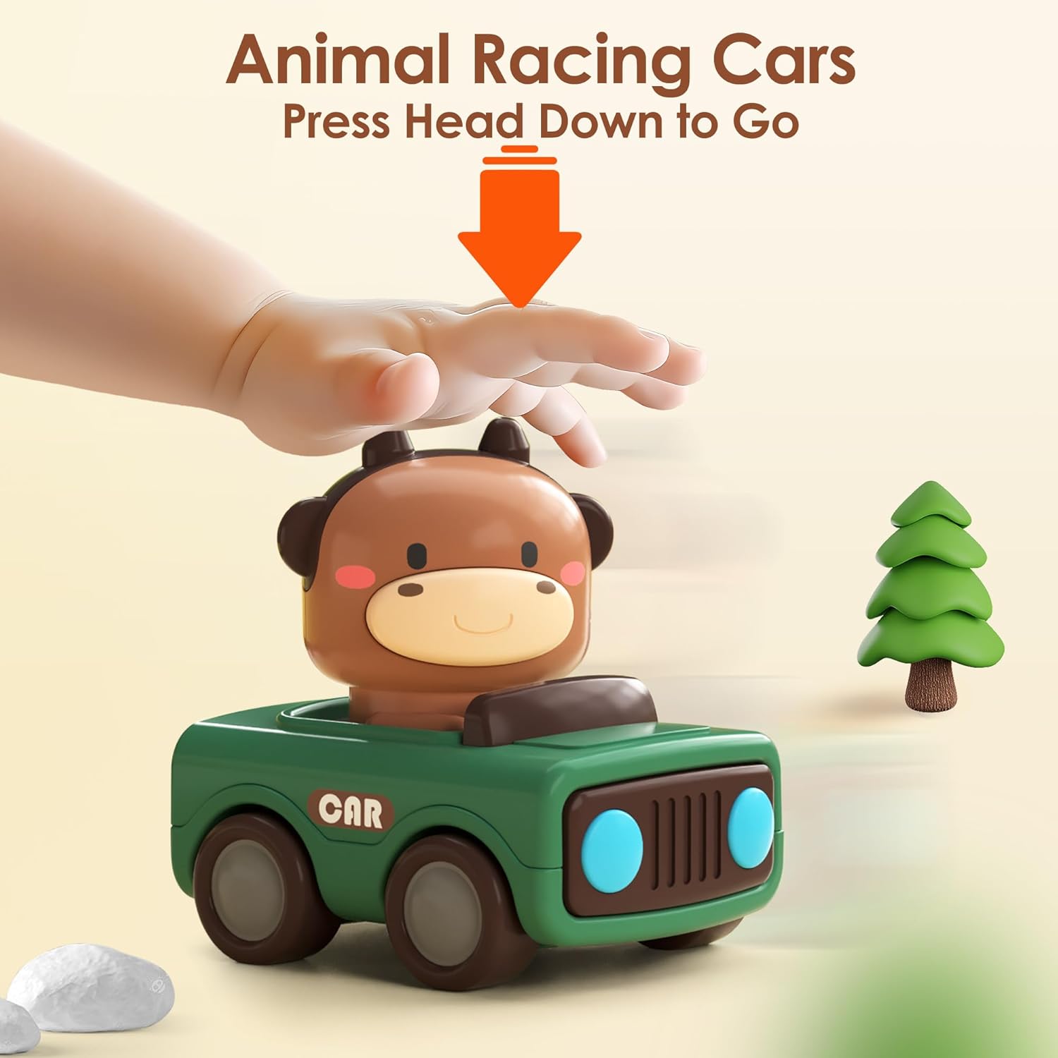 iPlay iLearn Press-to-Go Car Toys – Baby Animal Racing Cars for Toddlers 1–3, Push & Go Friction Vehicles