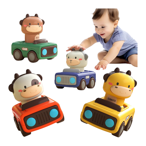 iPlay iLearn Press-to-Go Car Toys – Baby Animal Racing Cars for Toddlers 1–3, Push & Go Friction Vehicles